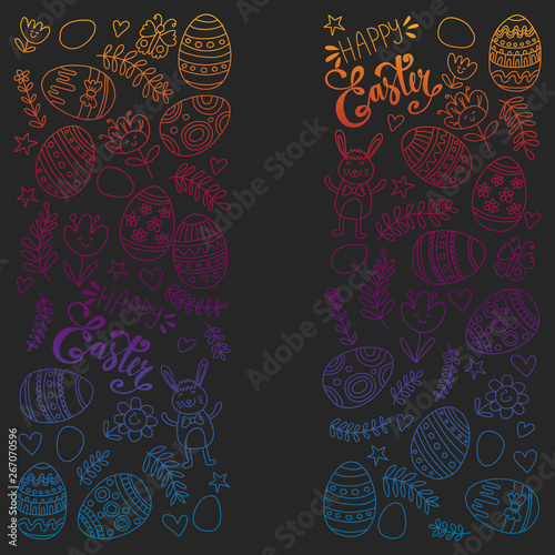 Happy Easter. Vector pattern with eggs, bunny, flowers.