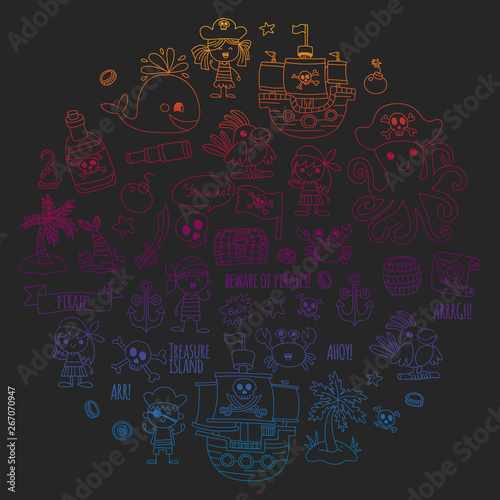 Vector pattern with pirate icons. Adventure, birthday party.