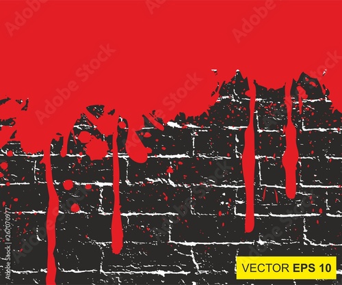 Blood splattered. Abstract background. Big realistic blood splashed on brick wall. vector illustration. the concept of dread, anxiety and of something terrible