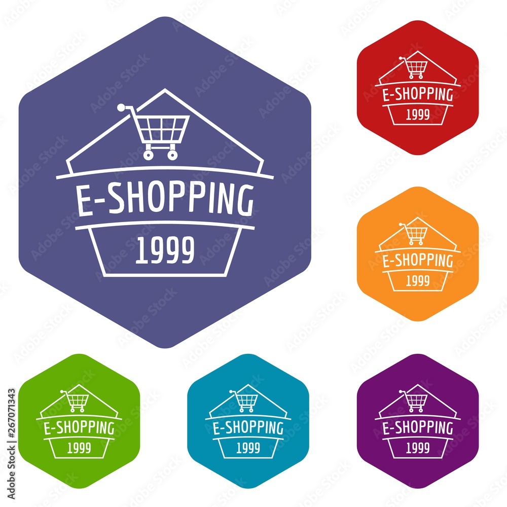 E shopping icons vector colorful hexahedron set collection isolated on white 