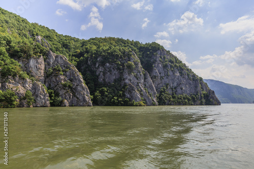 Gorge on Danube river   the Iron Gates   spring nature landscape   located at eastern Serbia