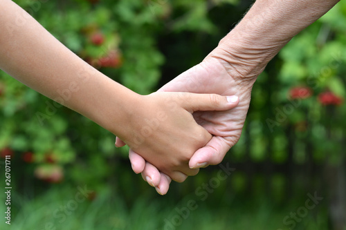Two people holding hands at the nature close up