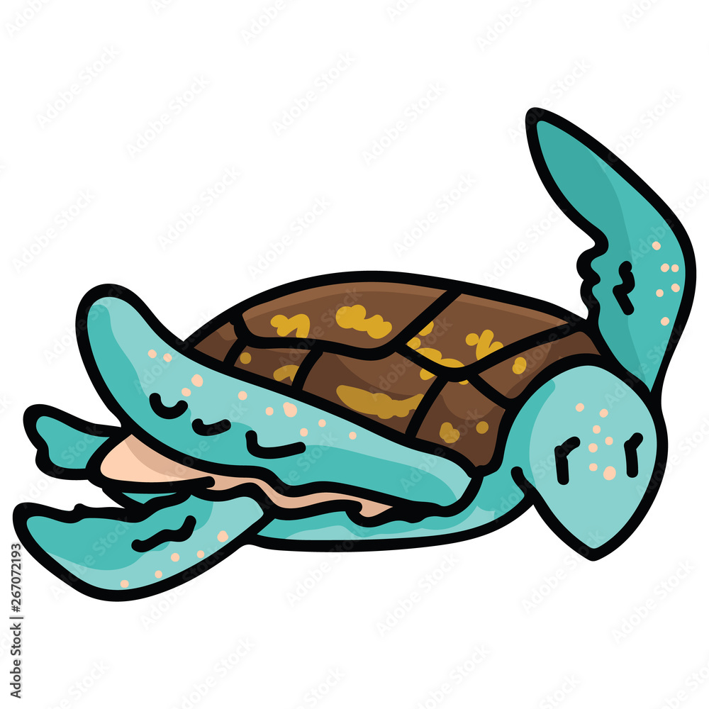 Cute swimming sea turtle cartoon vector illustration motif set. Hand ...