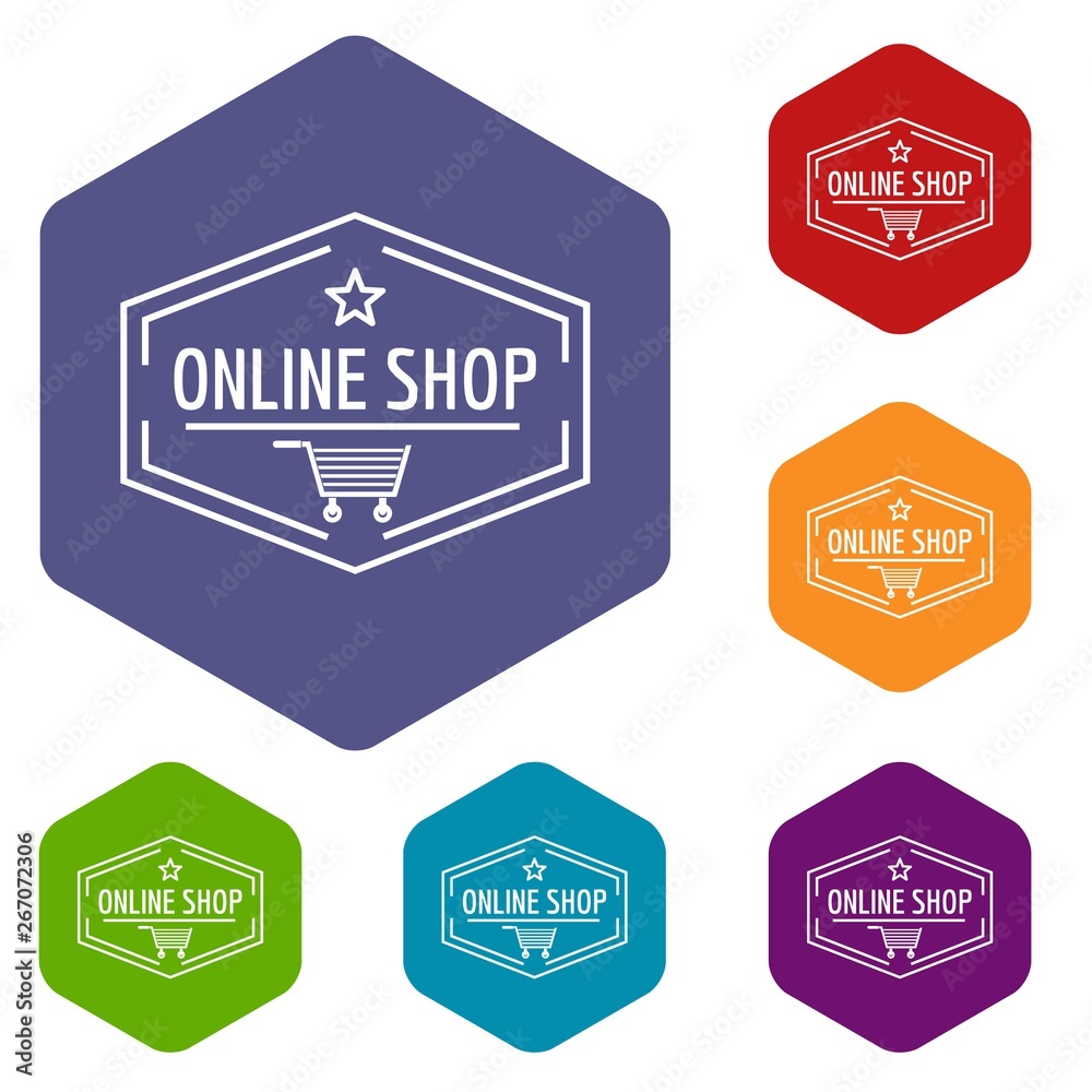 Online market icons vector colorful hexahedron set collection isolated on white 