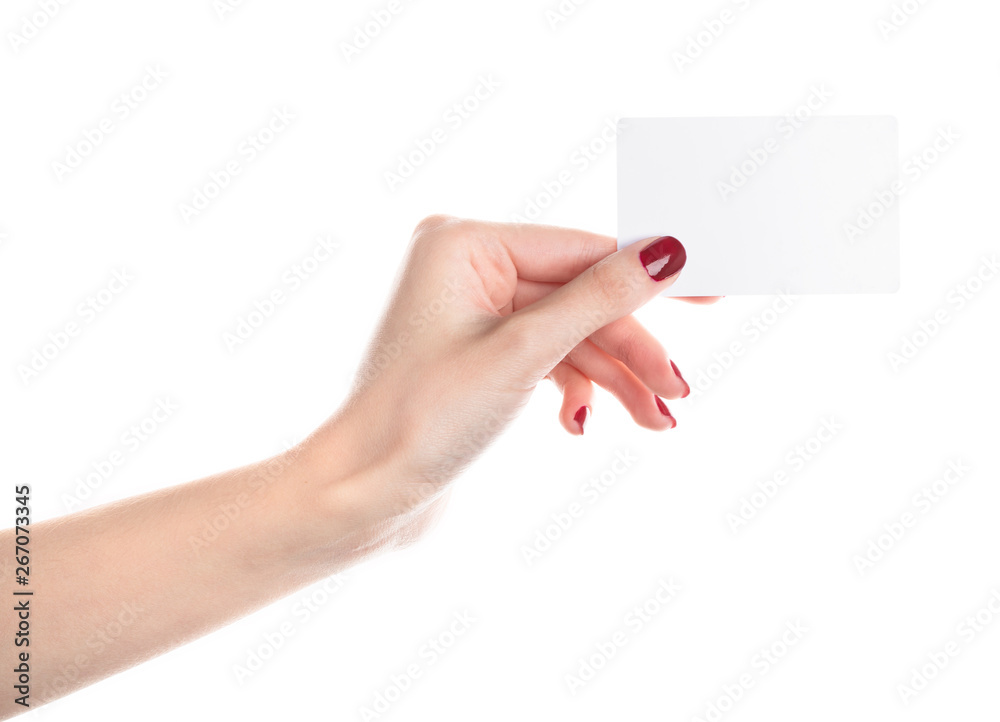 Fototapeta premium Woman's hand holding blank black card. Hand hold blank business card.
