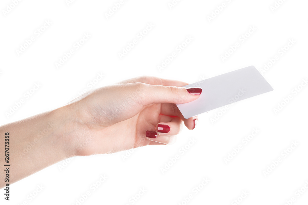 Woman's hand holding blank black card. Hand hold blank business card. Woman's hand holding blank black card. Hand hold blank business card.
