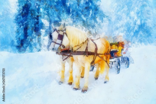 two beautiful white horses in mountain winter landscape and computer painting effect.