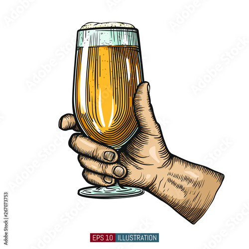 Hands holding and clinking beer glasses. Engraved style. Hand drawn vector illustration.