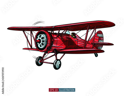 Hand drawn retro airplane. Realistic vintage biplane isolated. Engraved style vector illustration. Template for your design works.