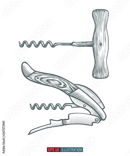 Hand drawn corkscrew set. Engraved style vector illustration. Element for your design works.