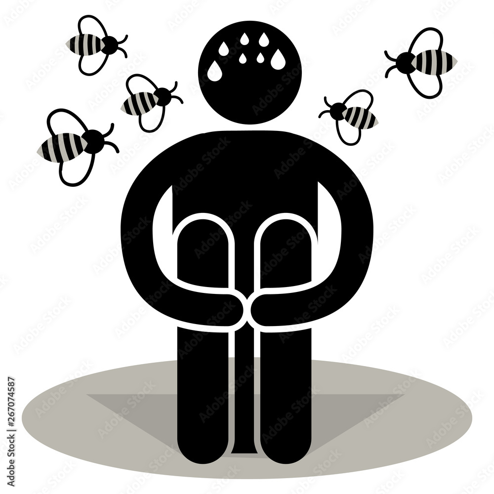 Apiphobia. Phobia. Fear of bees. Logo, icon, silhouette, sticker, sign. Afraided man. Stock