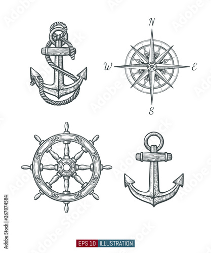 Hand drawn sea symbols set. Compass, ship wheel, anchors. Template for your design works. Engraved style vector illustration.