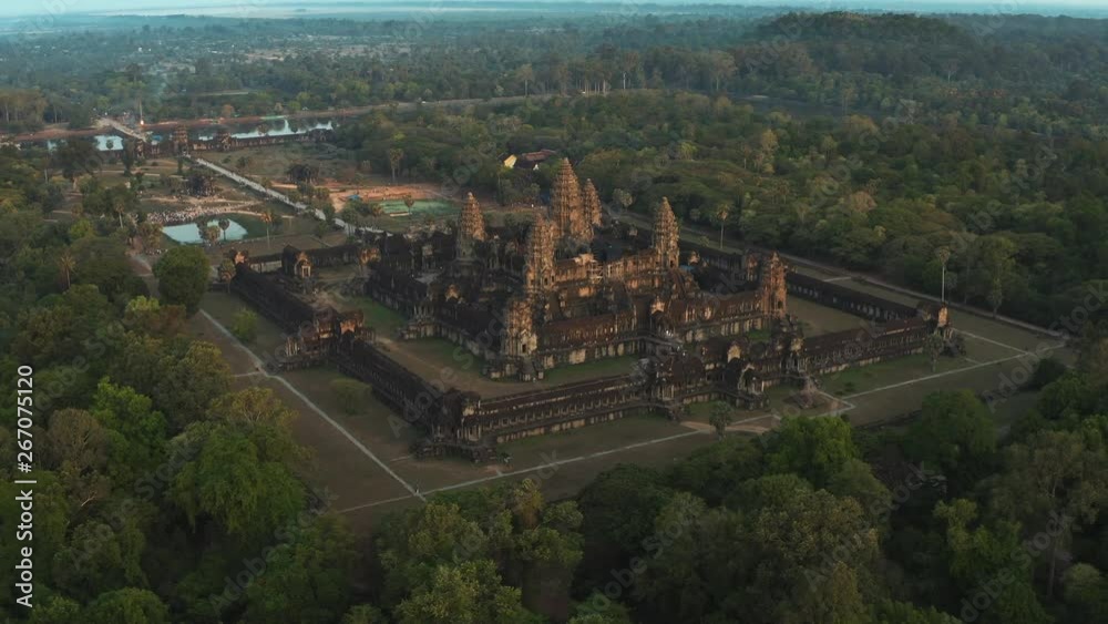 Aerial rotate view of Angkor Wat temple in Cambodia by drone (Point of interest)