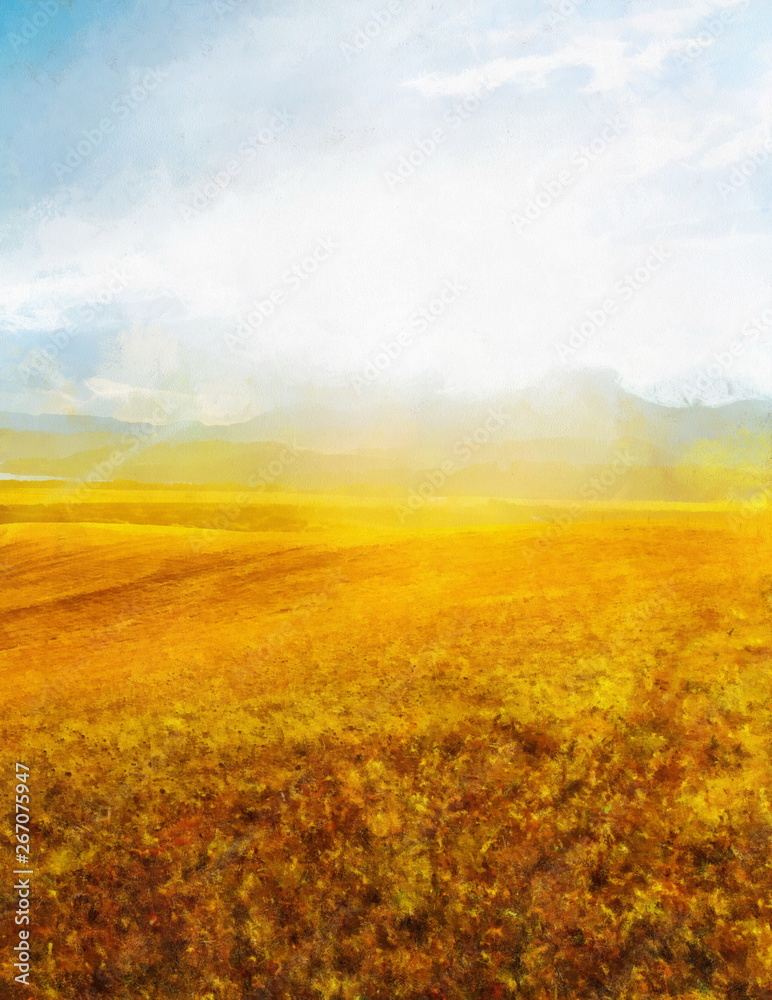 Beautiful landscape, yellow meadow and computer painting effect.