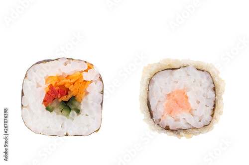 Classic sushi at white background. Japanese seafood sushi , roll a white background. Close-up.