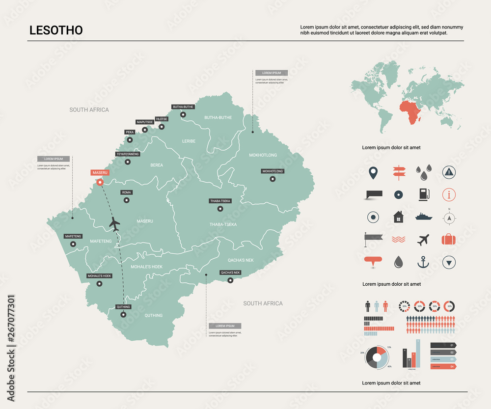 Naklejka premium Vector map of Lesotho. High detailed country map with division, cities and capital Maseru. Political map, world map, infographic elements.