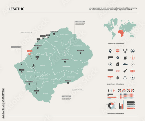 Vector map of Lesotho. High detailed country map with division, cities and capital Maseru. Political map, world map, infographic elements.