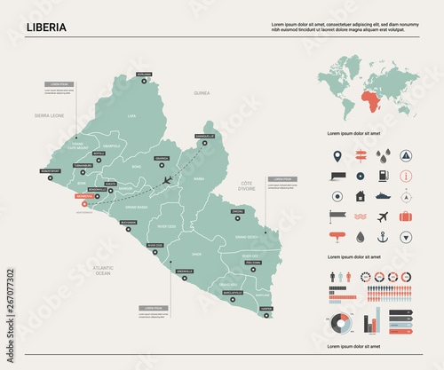 Vector map of Liberia. High detailed country map with division, cities and capital Monrovia. Political map, world map, infographic elements.