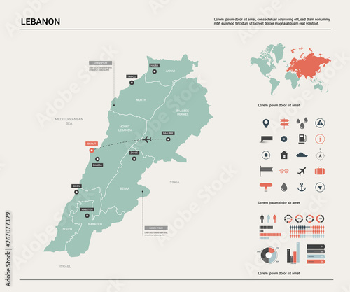 Vector map of Lebanon. High detailed country map with division, cities and capital Beirut. Political map, world map, infographic elements.
