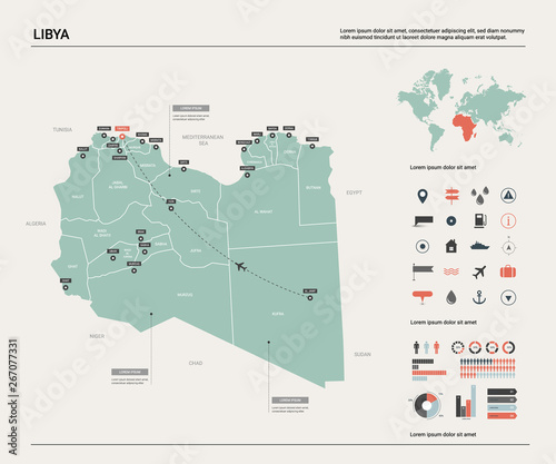 Vector map of Libya. High detailed country map with division, cities and capital Tripoli. Political map, world map, infographic elements.