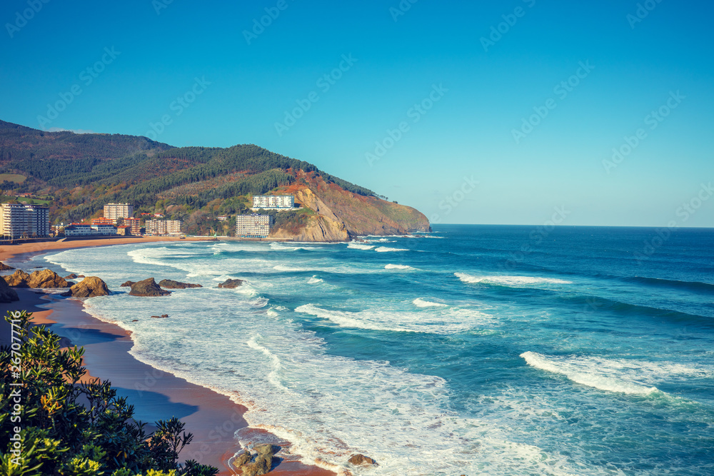 Obraz premium An ocean and beautiful bay. Playa de Bakio, Biscay, Basque Country, Spain, Europe