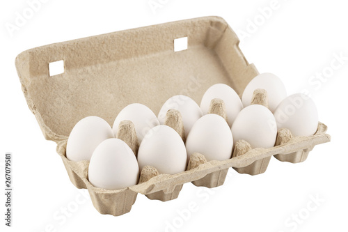 Eggs in an egg carton on a white background. Isolated. photo
