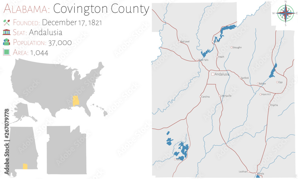 Large and detailed map of Covington county in Alabama, USA
