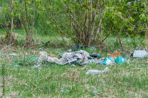 Scattered garbage in the forest. Environmental pollution, social problems.