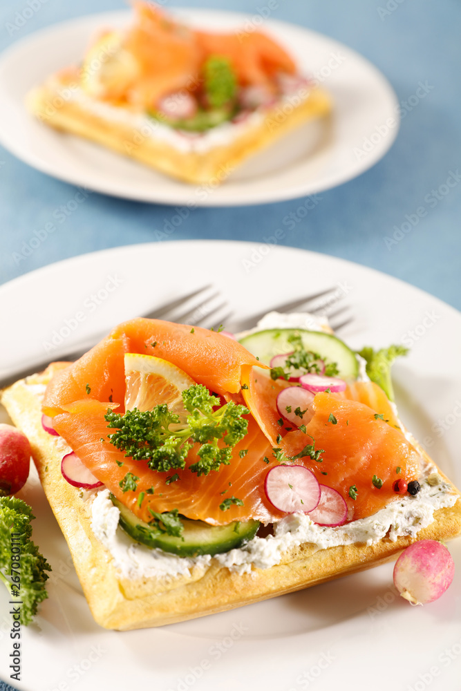 waffle with cheese cream and smoked salmon