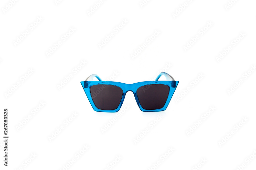 Blue wayfarer thick frame sunglasses at isolated white background, front view