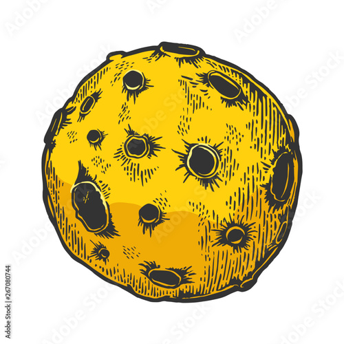 Planet with asteroid meteorite planet impact crater color sketch engraving vector illustration. Scratch board style imitation. Black and white hand drawn image.