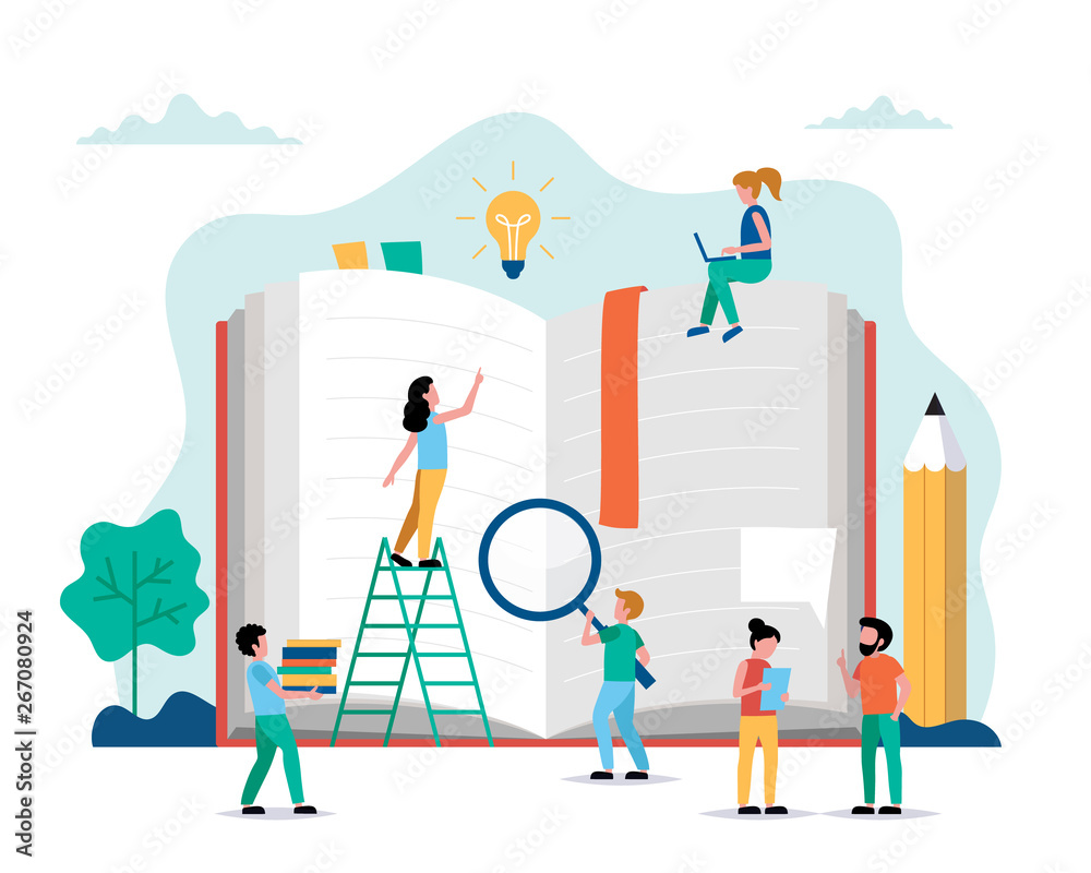 Reading, small people characters doing various tasks around big book