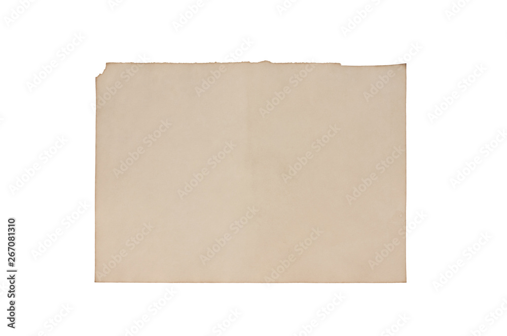 Single blank old dirty and burnt paper sheet isolated on white background