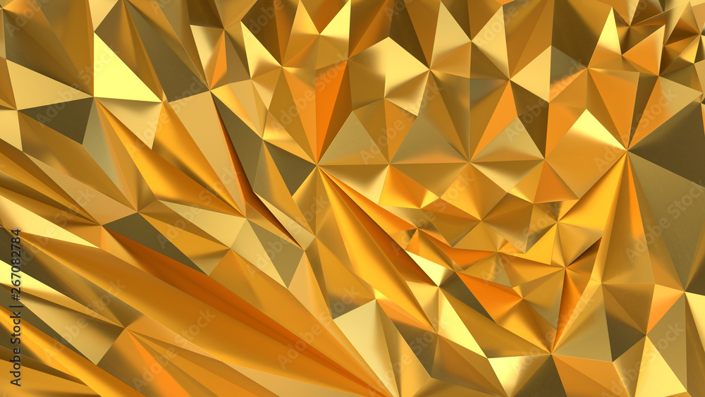 Gold Low poly triangle, trigon, triangular  background. abstract golden geometric crystals. Minimal quartz, stone, gems.
