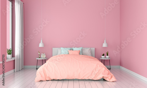 Pink bedroom interior for mockup  summer color concept  3D rendering
