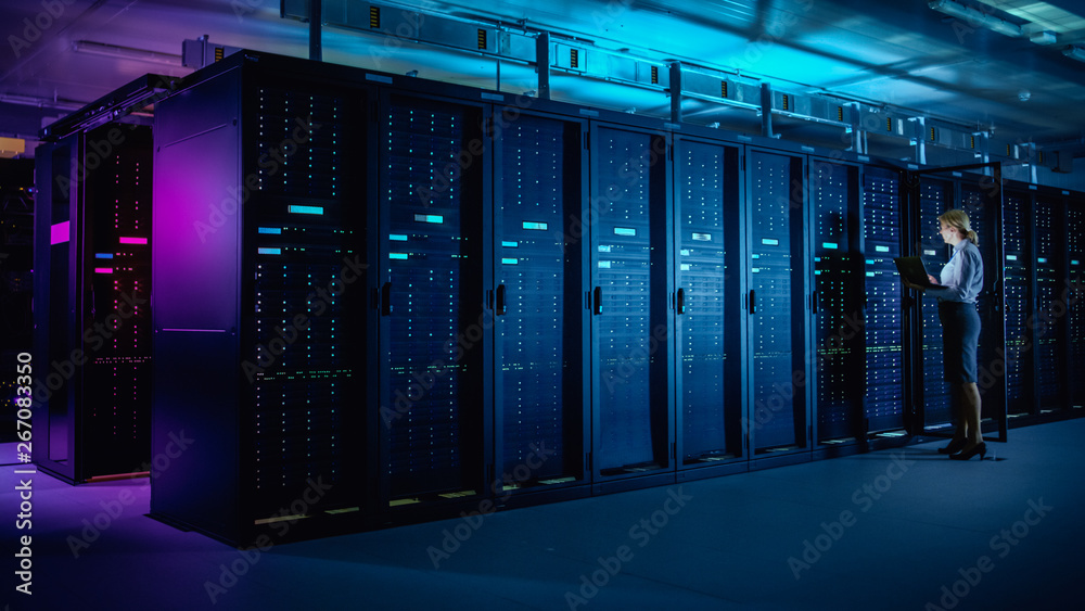 In Data Center: IT Technician Running Maintenance Programme on Laptop, Controls Operational Server Rack Optimal Functioning. Modern High-Tech Telecommunications Operational Data Center in Neon Lights. In Data Center: IT Technician Running Maintenance Programme on Laptop, Controls Operational Server Rack Optimal Functioning. Modern High-Tech Telecommunications Operational Data Center in Neon Lights.
