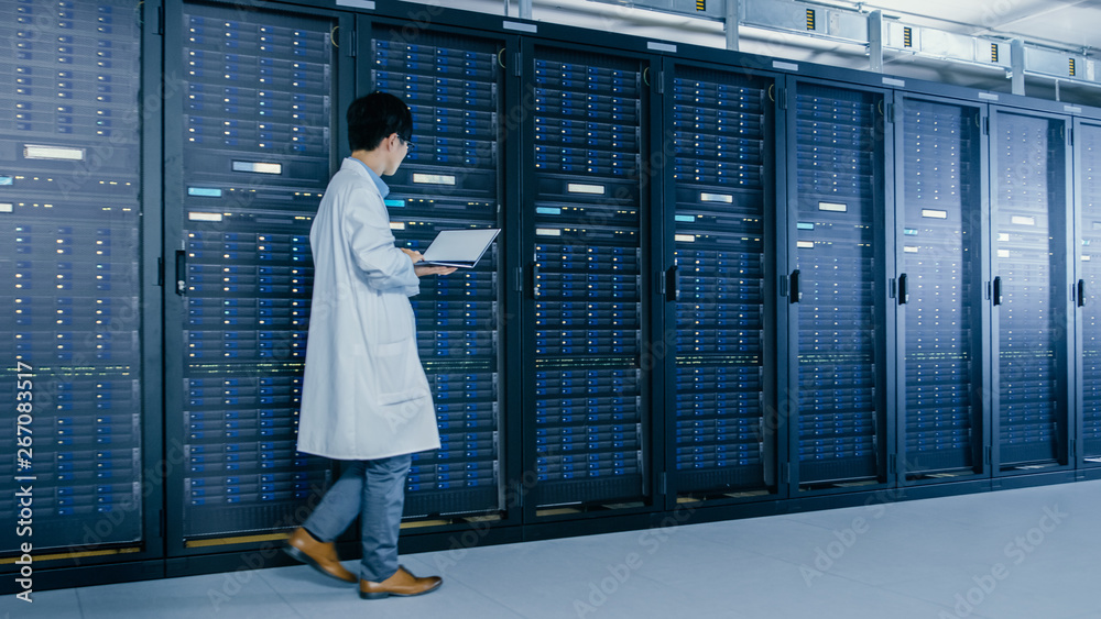 In Data Center: Male IT Specialist Wearing White Coat Walks Alongside ...