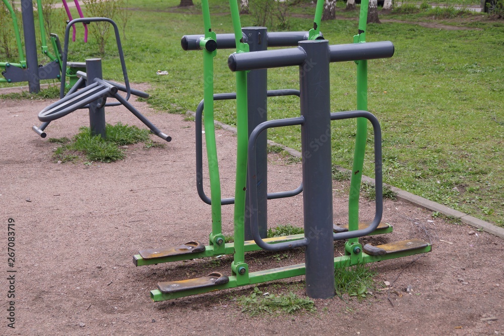 Outdoor fitness equipment, located in urban parks and recreation areas in residential areas of the city, for a healthy lifestyle. Outdoor fitness equipment, located in urban parks and recreation areas in residential areas of the city, for a healthy lifestyle.