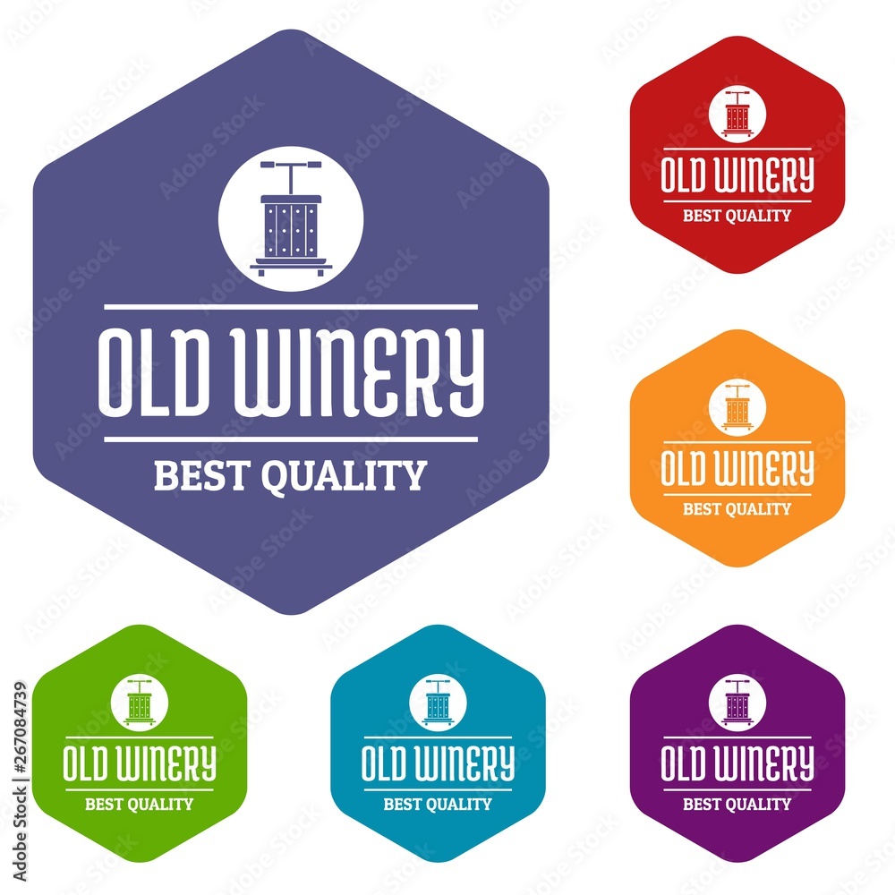 Quality old winery icons vector colorful hexahedron set collection isolated on white 