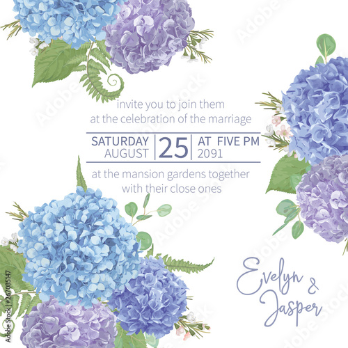 Wedding, watercolor seasonal flower card.Leaves, blooming branches eucalyptus, gaultheria, salal, chamaelaucium, seasonal fern.Blue, purple, of hydrangea. vector design frame.Isolated and editable