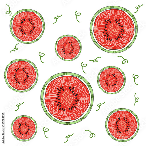 Bright juicy slices of watermelon. Watermelon beauty. Red watermelons for tissue. Vector illustration.