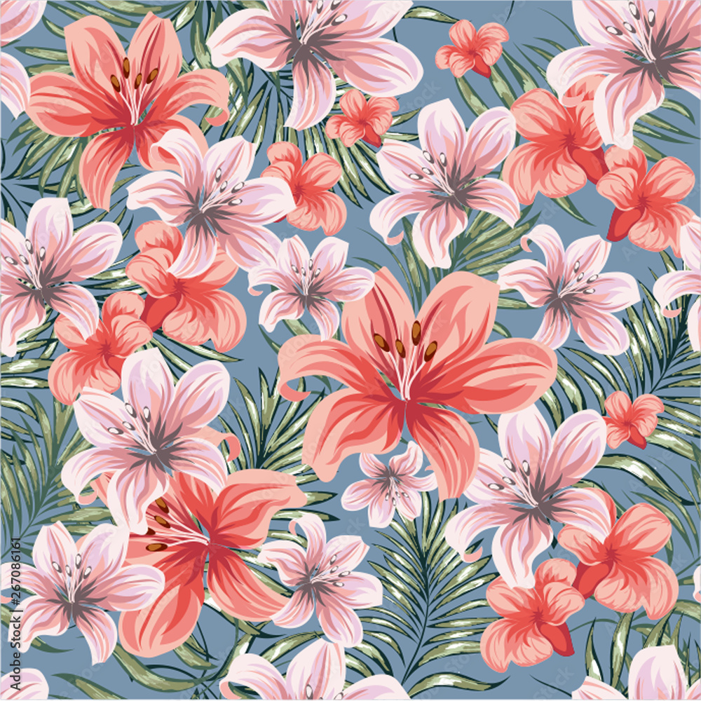 Obraz premium Blooming spring-summer flowers plants with branches of tropical palm trees. Seamless pattern. Vector image