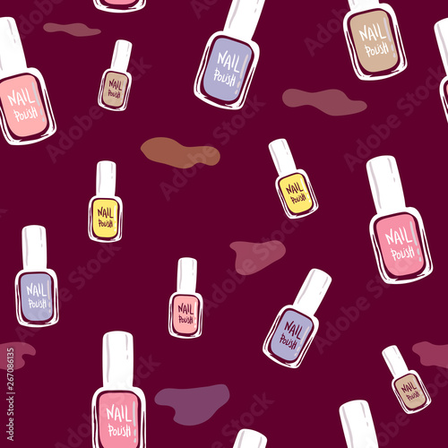 Cosmetic seamless vector pattern. Nail polish sketch texture. Summer background. Fashion background with nail polish. for wallpapers, pattern fills, web page backgrounds, surface textures.