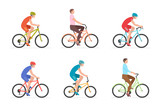 Set of Men riding bicycles. isolated on white background