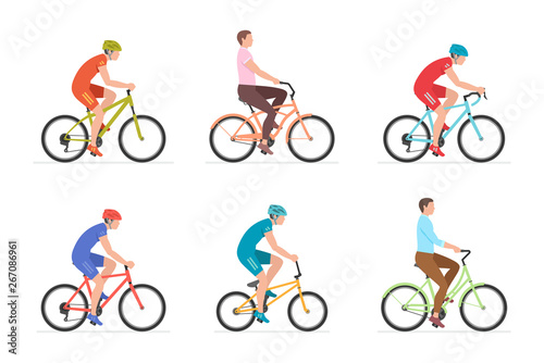 Set of Men riding bicycles. isolated on white background