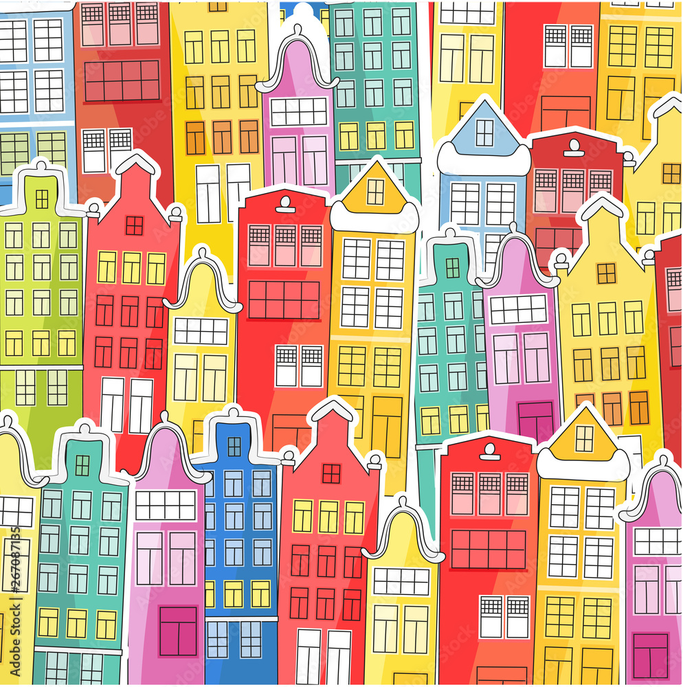 Background of bright, colored houses. Vector illustration in a flat style. Suitable for cover of books, notebooks, covers. For fabrics and souvenirs