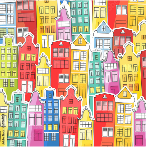 Background of bright  colored houses. Vector illustration in a flat style. Suitable for cover of books  notebooks  covers. For fabrics and souvenirs
