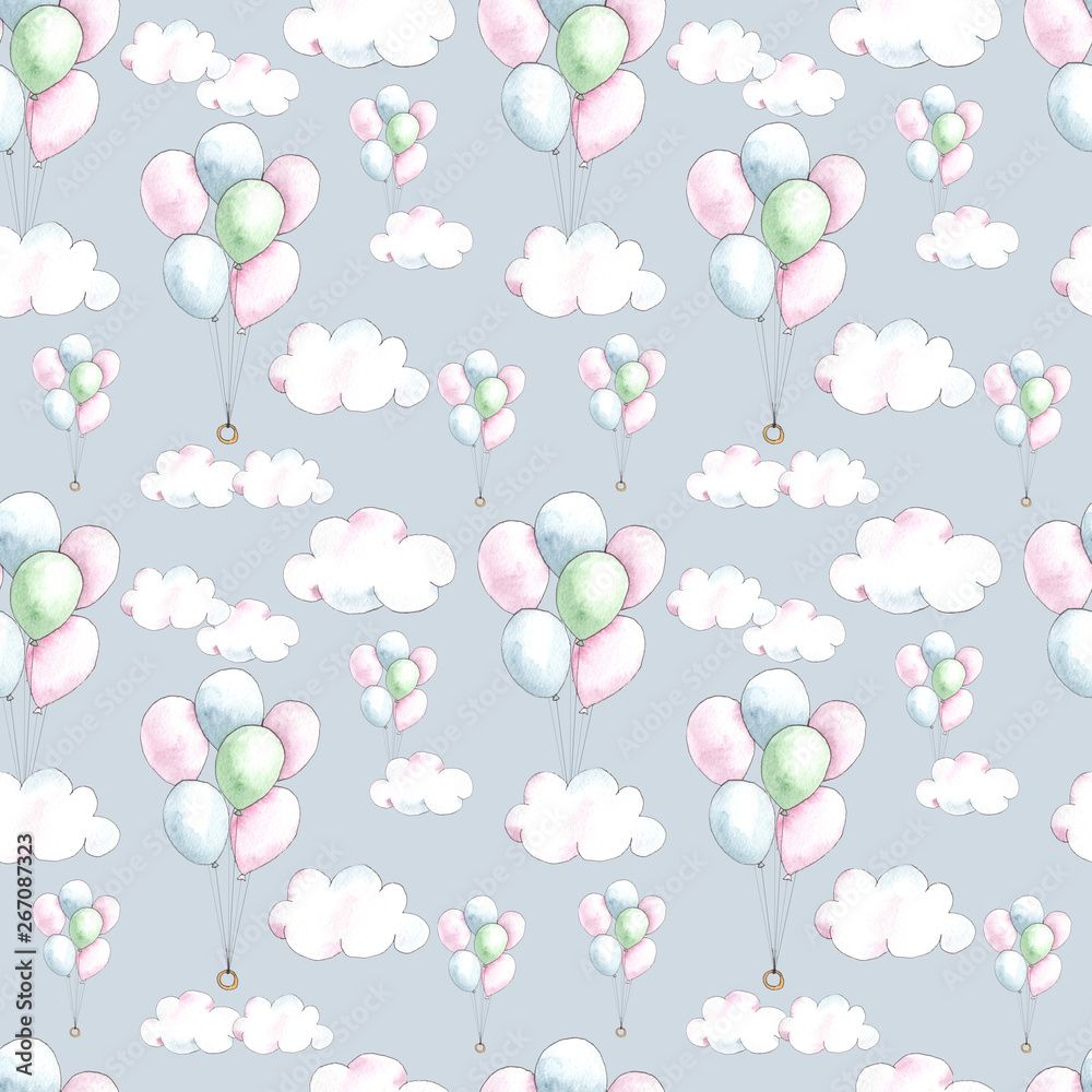 Happy Birthday watercolor seamless patterns with cute animals, toys, cars, blocks, balloons for kids, baby shirt design, nursery decor, card making, party invitations, scrapbooking, packaging, posters