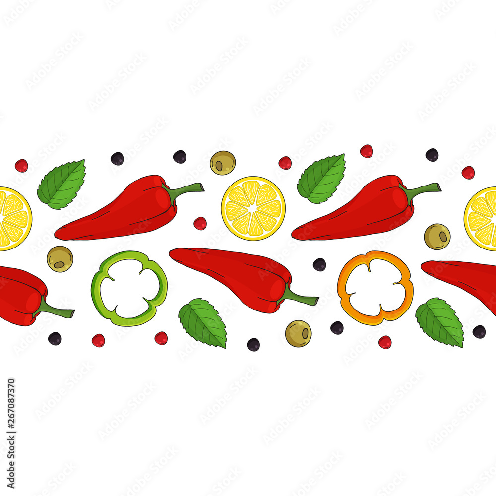 custom made wallpaper toronto digitalseamless border. yellow lemons, red chilli peppers and leaves. endless ornament. hand drawn. horisontal. vector illustration.