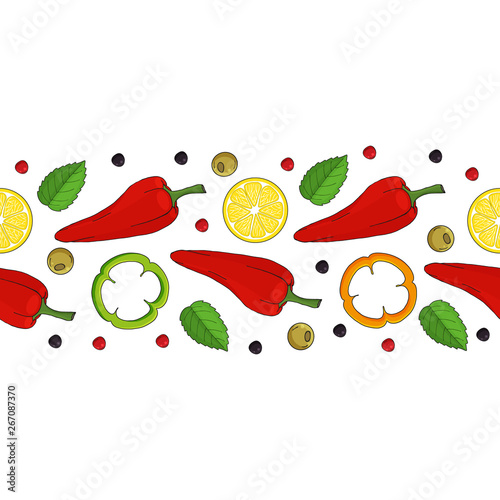 seamless border. yellow lemons, red chilli peppers and leaves. endless ornament. hand drawn. horisontal. vector illustration.
